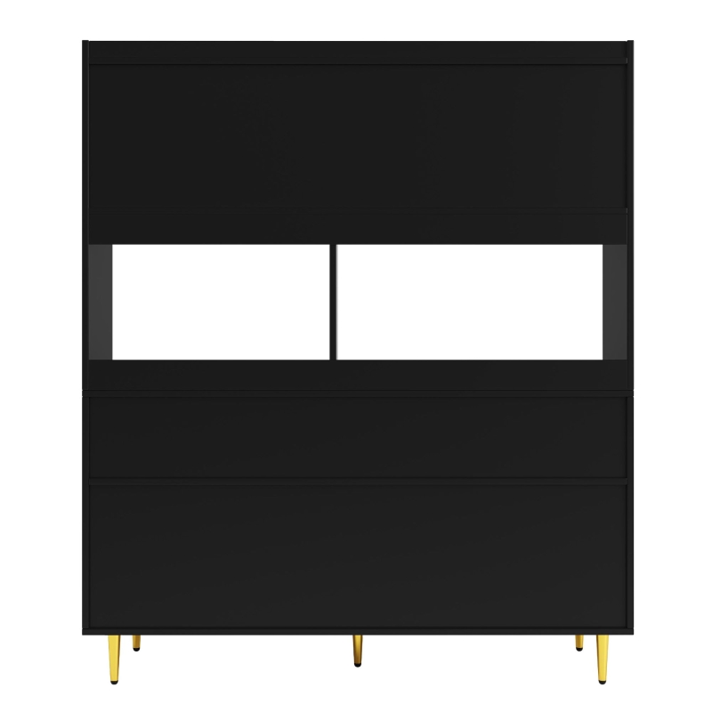 Armario alto para comedor, con puertas de cristal perforado, decoración dorada y amplio almacenamiento por niveles, 145x39x171 cm, Negro