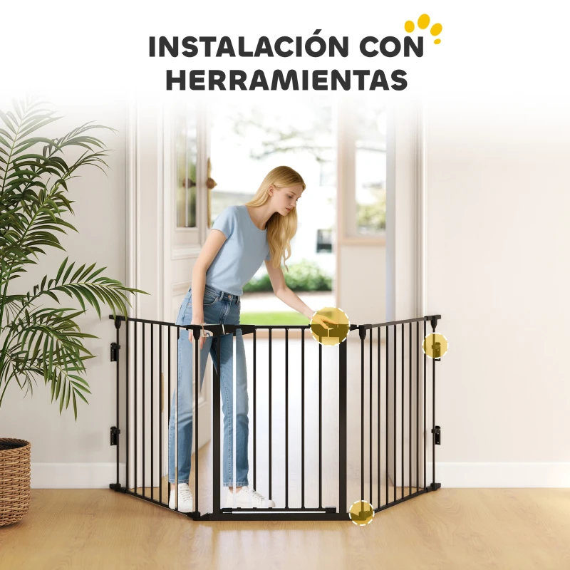 PawHut Barrera de Seguridad para Mascotas de 5 Paneles Plegable 300 cm con Cierre Inteligente para Escalera Pasillo Negro