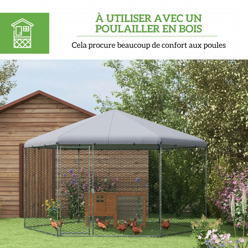 PawHut Enclos poulailler extérieur 10 m² parc grillagé 400 x 346 x 263 cm - espace couvert - 10-15 poules