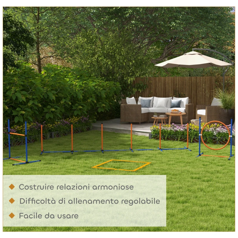 PawHut Set Agility Dog con Anello e Barra per Salto, Paletti Slalom, Fischietto, Palline e Borsa, Arancione