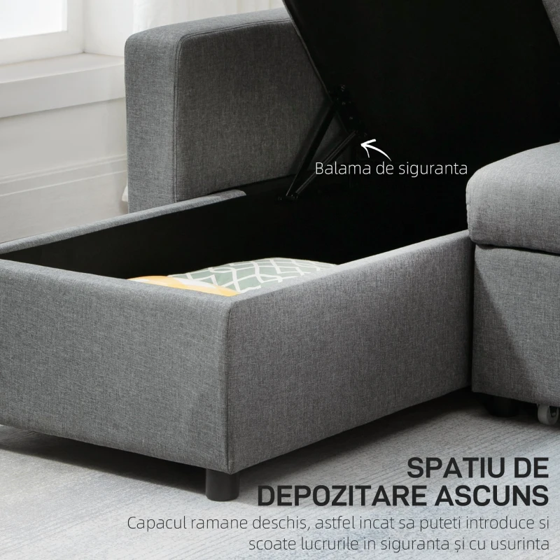 HOMCOM Canapea cu 3 Locuri și Spațiu de Depozitare, Canapea din Material Textil și Perne cu Huse Detașabile, 211.5x146x85 cm, Gri