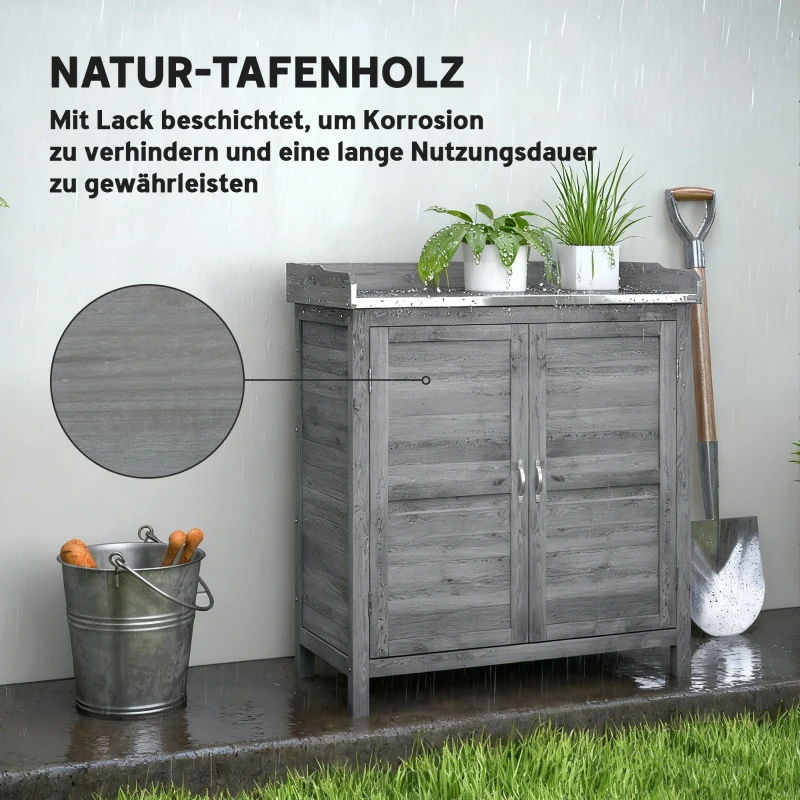 Outsunny Gartenschrank mit Pflanztisch, Holz Geräteschuppen mit verzinkter Arbeitsplatte 2 Regalböden Grau
