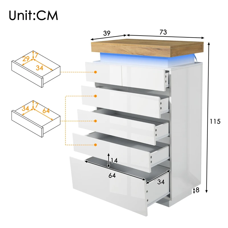 Cassettiera 6 cassetti con illuminazione a LED e spazio portaoggetti, 73x39x115 cm, Bianco