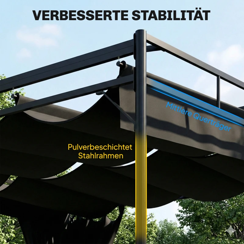 Outsunny Pergola Pavillon 3x3m Wasserabweisend Sonnenschutz mit verstellbares Schiebedach Vorhängen, freistehend