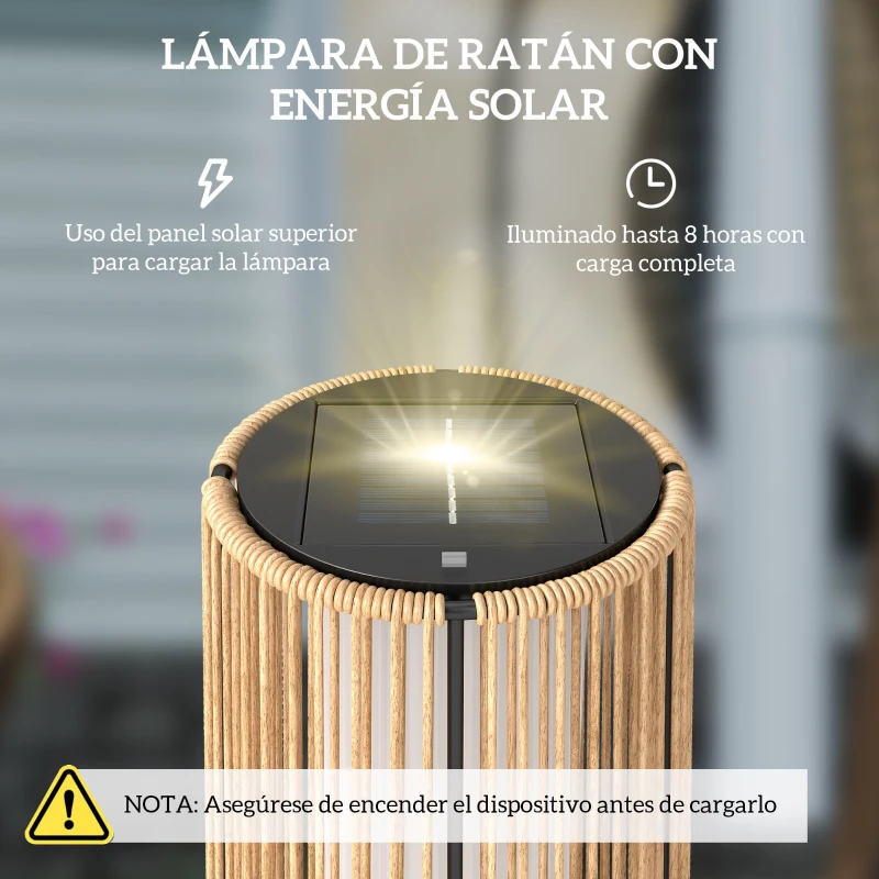 Outsunny Farola Solar Exterior de Ratán Sintético con Luces LED Encendido y Apagado Automático Impermeable Ø21,5x61 cm Natural