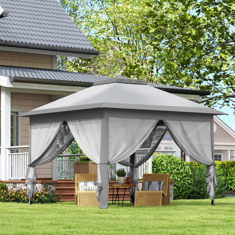 Outsunny Faltpavillon, Gartenpavillon, Metall und Stoffplane, Netzvorhänge, Entwässerungslöcher, 330L x 330B x 288H cm, Grau