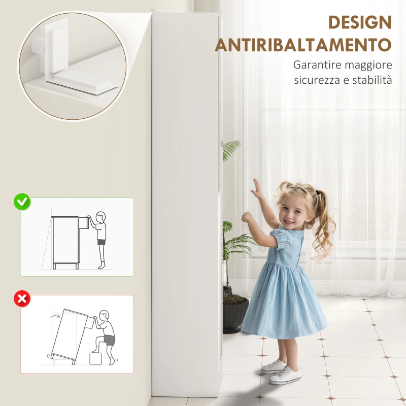 kleankin Mobile Colonna Bagno in Legno a 5 Ripiani con Anta a Specchio Apribile, 32x28x162 cm, Bianco