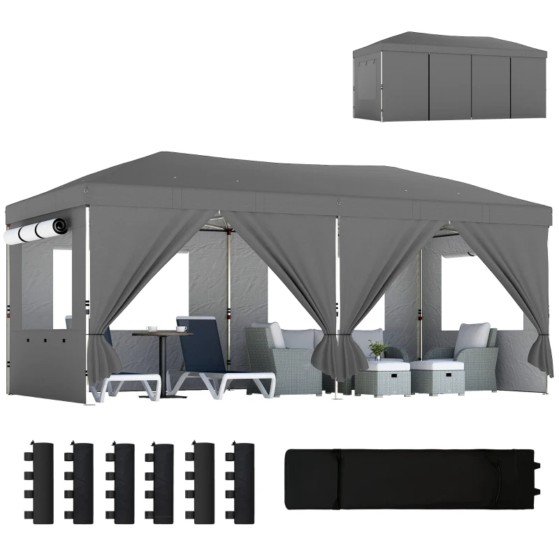 Outsunny Cenador Plegable 3x6 m con Altura Ajustable y Protección UV50+, Gris Oscuro