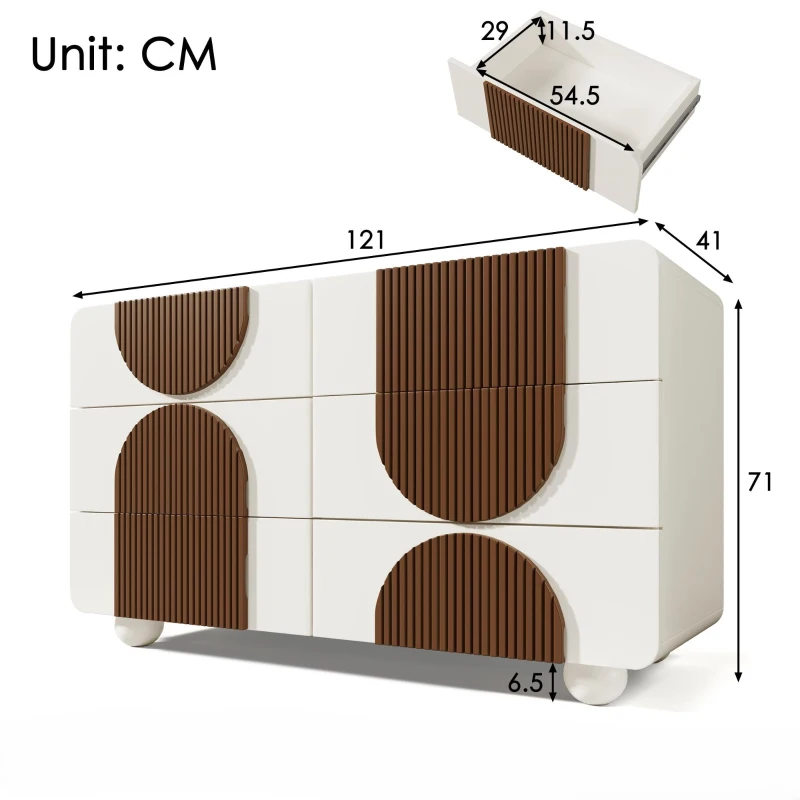 Cómoda con 6 cajones, con listones de madera color chocolate y patas esféricas de madera maciza blancas, 121x41x71 cm, Blanco