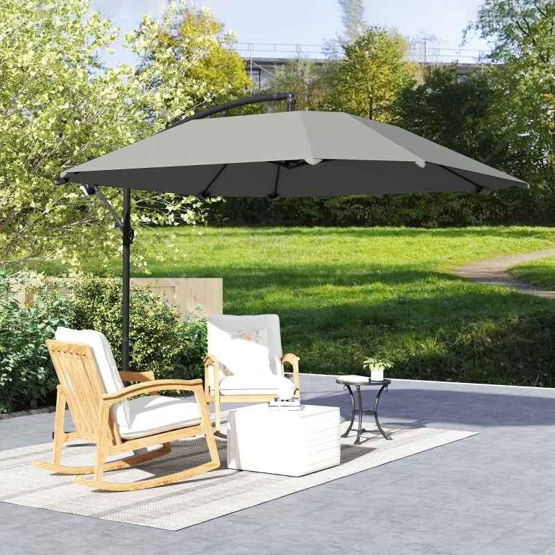 Outsunny Parasol descentrado 3 m, parasol de jardín exterior inclinable, Base, Manivela, tela de poliéster 180 g/m², Gris Oscuro