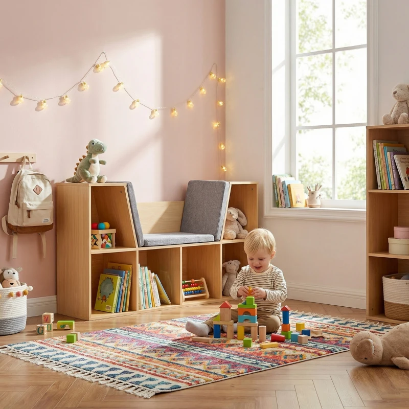 HOMCOM Kinderboekenkast 2-in-1 Kinderrek Speelbank 103 cm incl. Kussens Grijs Naturel(m-10)