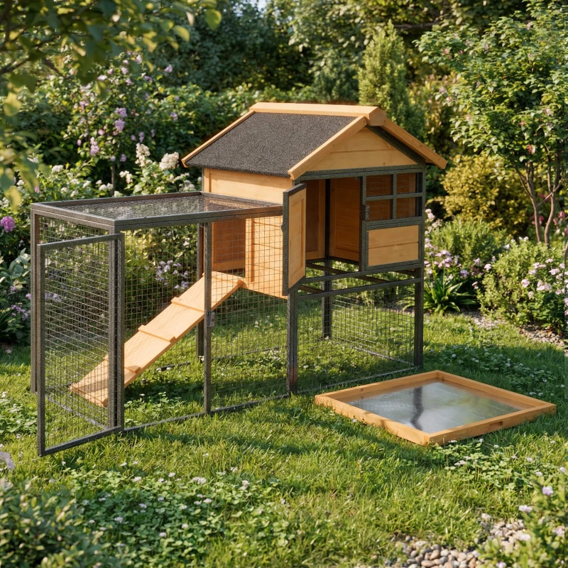 Pawhut Konijnenhok Tweevoudige Waterdichte Anti-slip Verhoogd Afsluitbare Deur Buiten Hout Metaal Bruin(m-11)