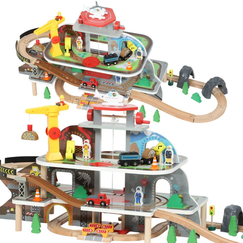 AIYAPLAY 79 Piece Wooden Train Set, Kids Train Track Mine Themed with Crane, Helicopter