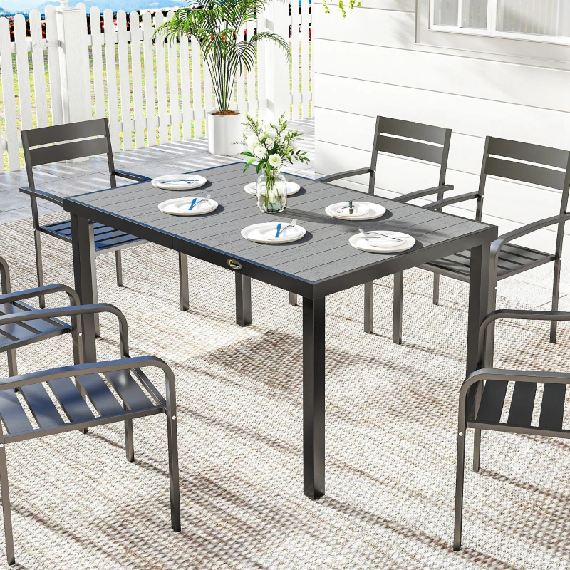 Outsunny Table de jardin pour 4 à 6 personnes, table à manger extérieure avec plateau à lattes, 140 x 90 x 74 cm, gris