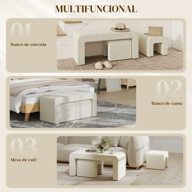 HOMCOM Conjunto de 3 Bancos Grande e 2 Pequenos Bancos Modernos em Veludo 104x44x48 cm Creme