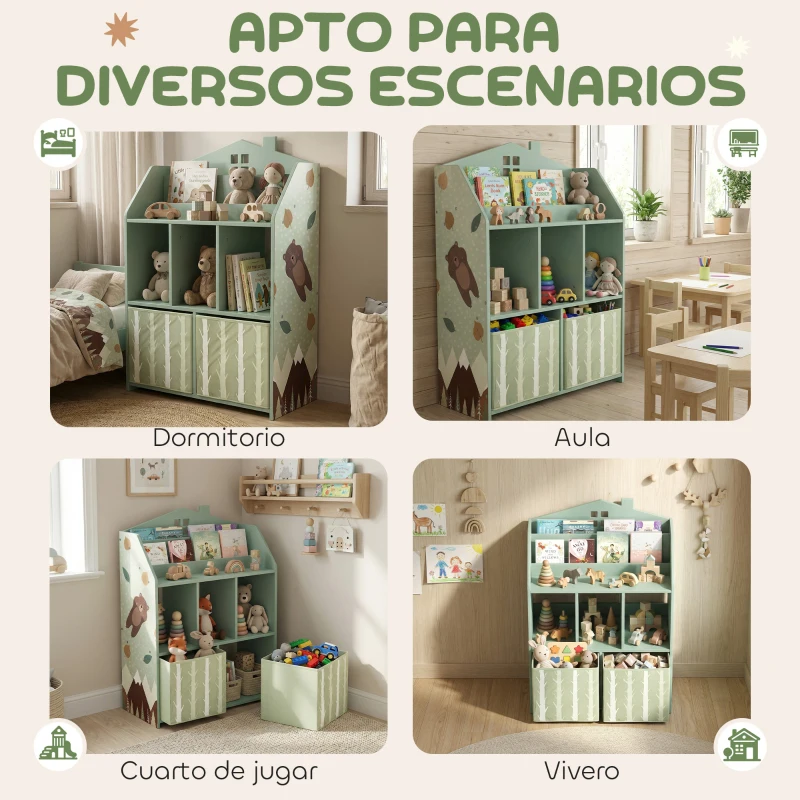 AIYAPLAY Estantería Infantil para Juguetes con Cajones de Tela Estantes Abiertos Diseño de Ositos Organizador de Juguetes Verde