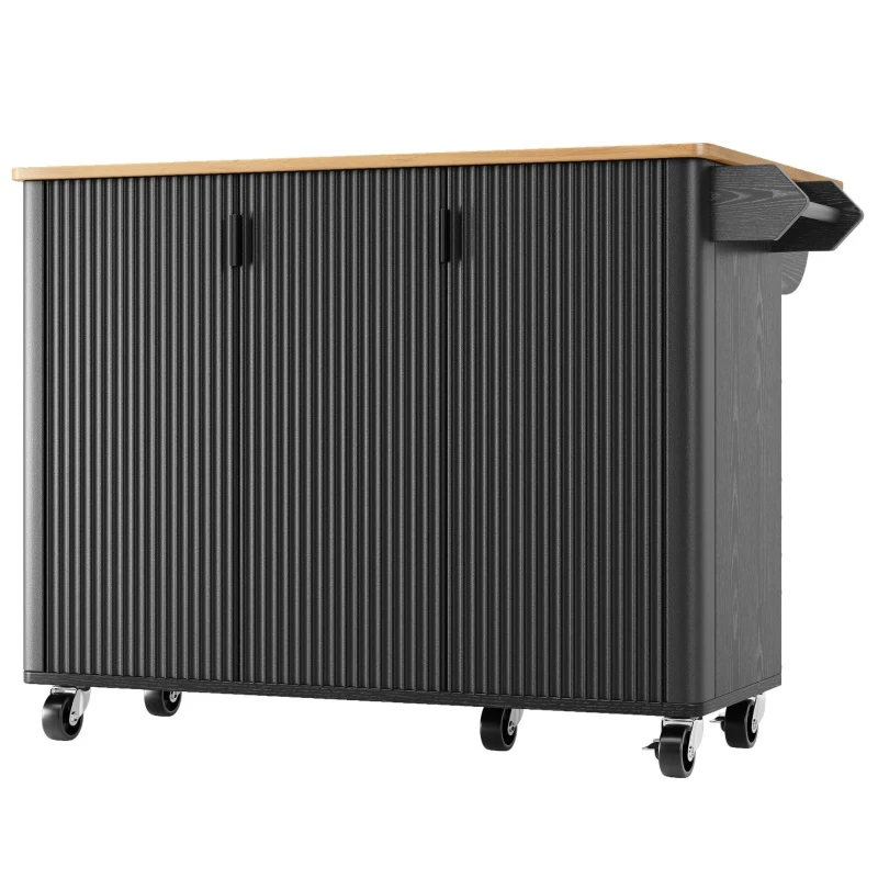 Îlot de cuisine mobile avec plan de travail rabattable, 3 portes, porte-serviettes et étagère à épices, 130x45/75x92 cm, Noir