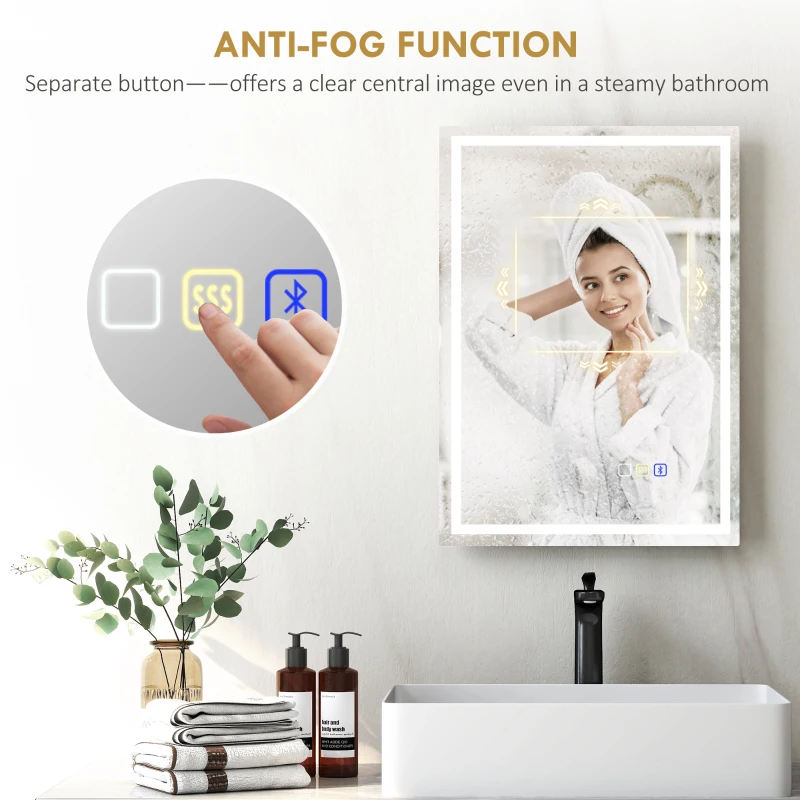HOMCOM 50 x 70 cm Anti-Fog LED Bathroom Mirror, with Bluetooth - Silver Tone