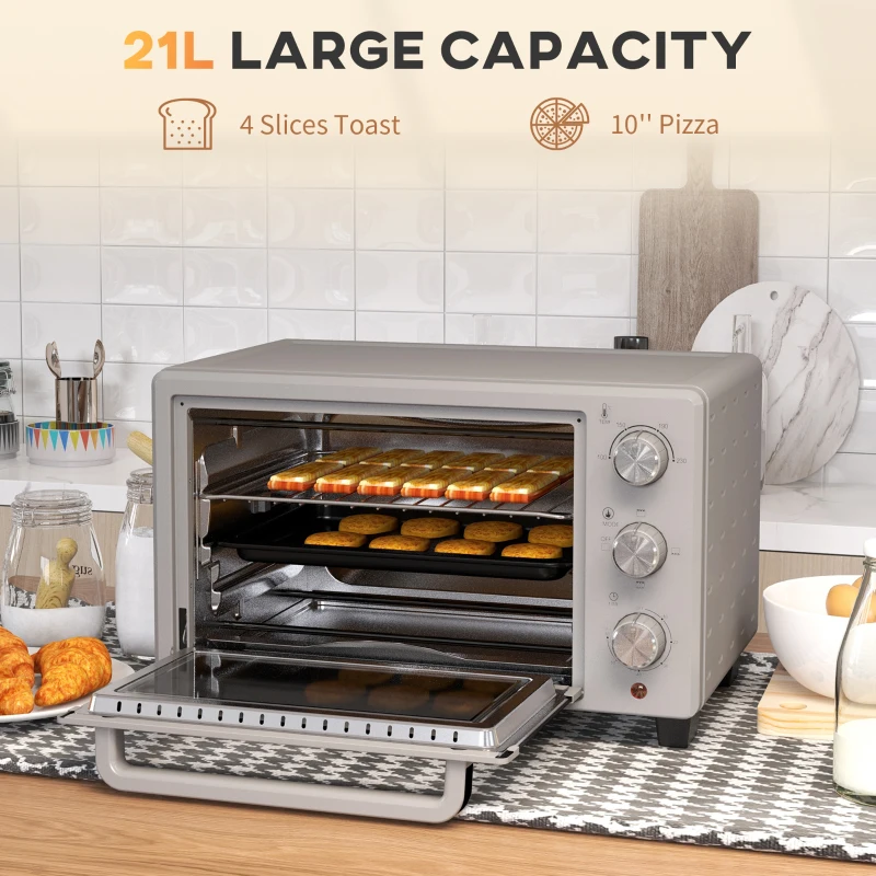 HOMCOM Minipiekarnik 21L, 3 Tryby Gotowania, 100°C-230°C, Ruszt & Blacha, Stal Nierdzewna/Szkło, Srebrny