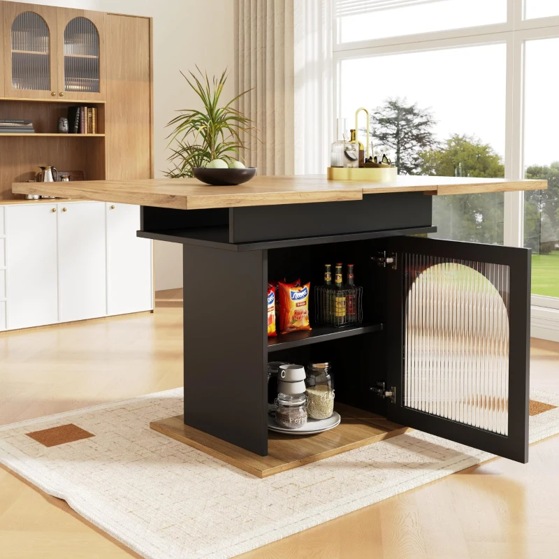 Mesa de comedor extensible con 3 niveles de almacenaje y puertas de vidrio, 110-140x80x76 cm, Negro