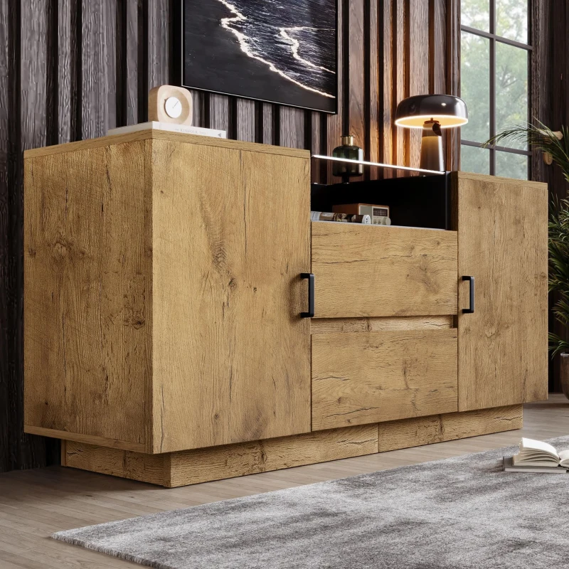 Comodă-sideboard cu 2 sertare, 2 dulapuri cu înălțime reglabilă și compartiment deschis, 140x40x70 cm, Culoare naturală