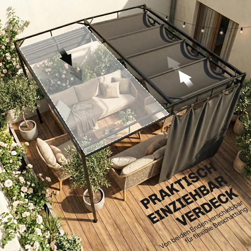 Outsunny Pergola Pavillon 3x3m Wasserabweisend Sonnenschutz mit verstellbares Schiebedach Vorhängen, freistehend