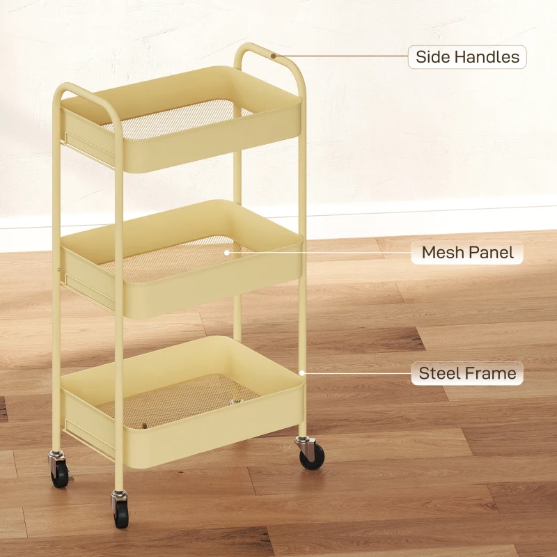 HOMCOM Three-Tier Steel Storage Trolley - Yellow