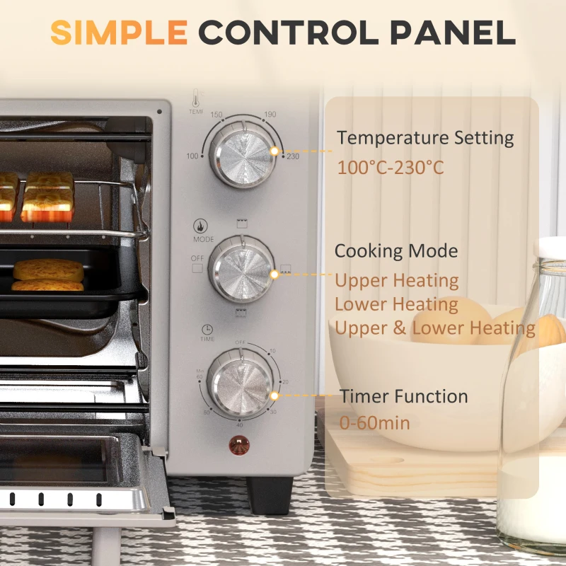 HOMCOM Minipiekarnik 21L, 3 Tryby Gotowania, 100°C-230°C, Ruszt & Blacha, Stal Nierdzewna/Szkło, Srebrny