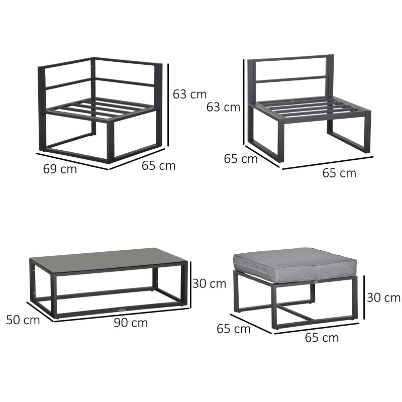 Outsunny 5 Pieces Outdoor Patio Furniture Set, Sofa Couch with Glass Coffee Table, Cushioned Chairs and Aluminum Tube, for Balcony Garden Backyard, Grey