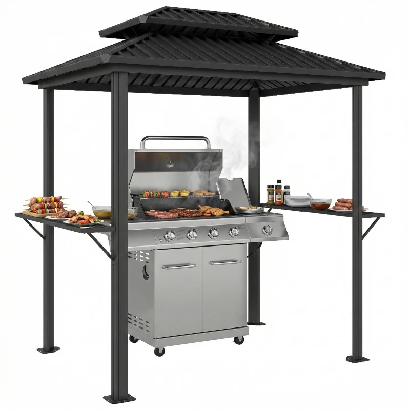 Outsunny Grillüberdachung Außen Gartenpavillon Aluminium mit Doppeldach 2 seitliche Ablagen Haken 231x165x246cm schwarz
