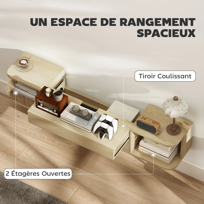HOMCOM Meuble TV suspendu meuble télé pour téléviseur 50 pouces tiroir étagères passe-câbles 120x24x22,4cm effet bois naturel