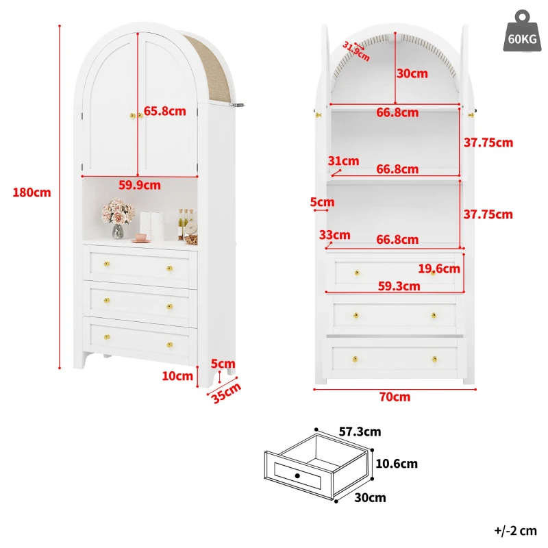 Armario alto con arco de almacenaje con 3 cajones, puertas y estante expositor abierto, para cocina y salón, 70x35x180 cm, Blanco