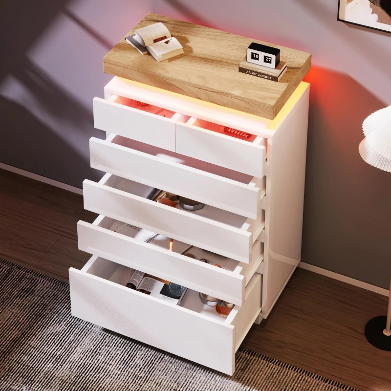 Cassettiera 6 cassetti con illuminazione a LED e spazio portaoggetti, 73x39x115 cm, Bianco