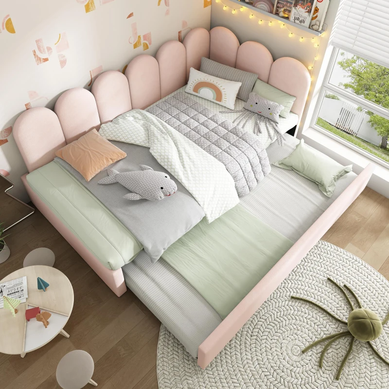 Cama tipo daybed tapizada con cama extraíble, sofá cama 2 en 1 con tapizado de terciopelo y somier de lamas, sin colchón, cama principal 90x200 cm / cama extraíble 90x190 cm, Rosa