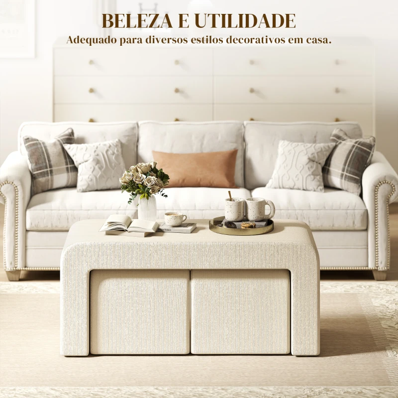 HOMCOM Conjunto de 3 Bancos Grande e 2 Pequenos Bancos Modernos em Veludo 104x44x48 cm Creme