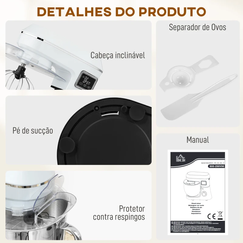 HOMCOM Batedeira Planetária 6L 1400W com Cabeçal Inclinável, 6 Velocidades, Função de Fermentação, Ecrã LED, Branco
