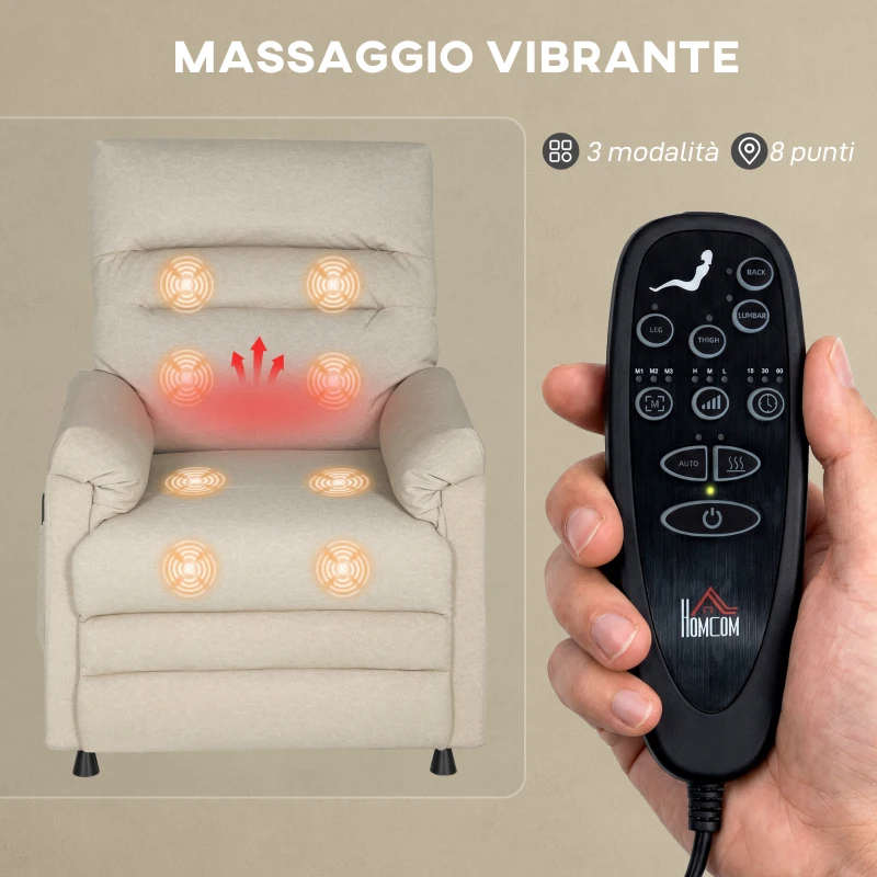 HOMCOM Poltrona Reclinabile con Poggiapiedi, Riscaldamento, 8 Punti Massaggio e 5 Modalità, Tessuto Vellutato, Beige