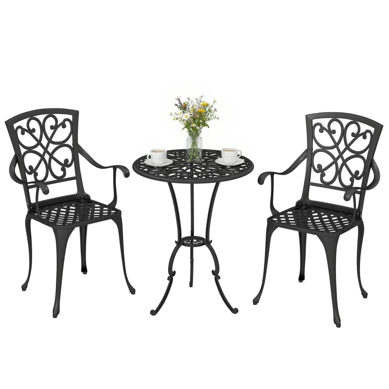 Outsunny Ensemble bistro de jardin 3 pièces table ronde avec 2 chaises trou pour parasol, style antique en aluminium moulé
