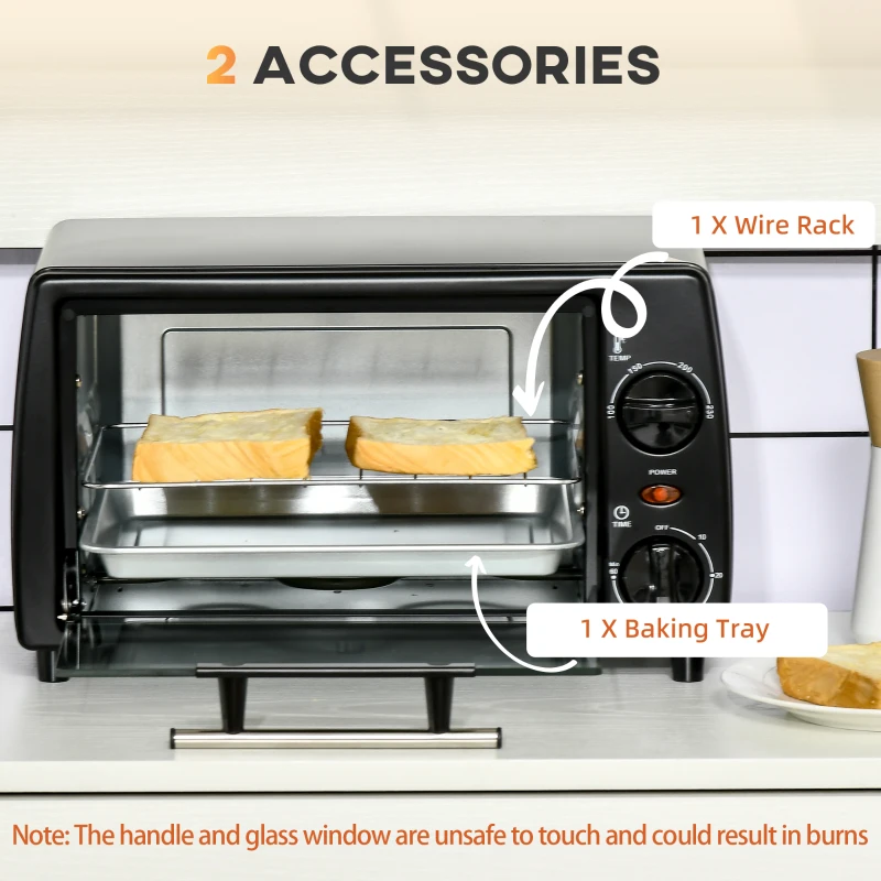 HOMCOM Mini-Piekarnik Toster, 1 Blacha do Pieczenia, 1 Ruszt Grillowy, Funkcja Timera, 36,5 cm x 26 cm x 22 cm, Czarny