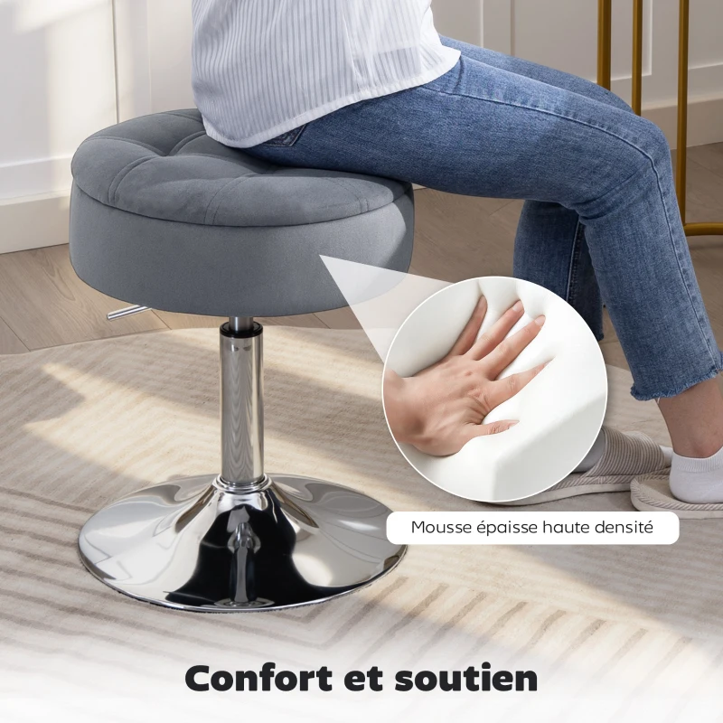 HOMCOM Tabouret de bar, chaise de bar avec rangement et base en métal, assise velours capitonné, 39 x 39 x 49-65 cm, gris