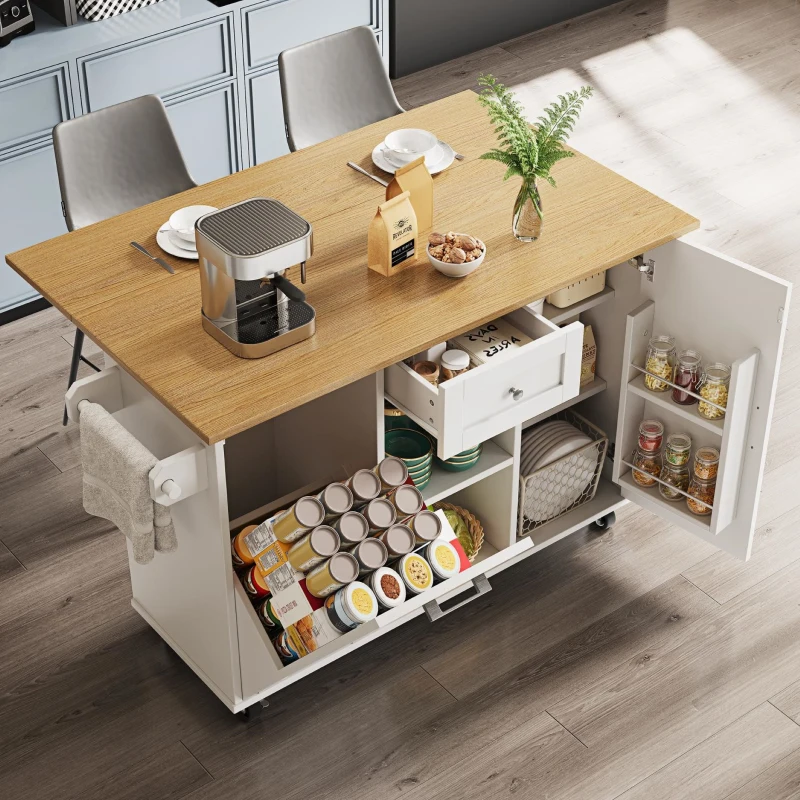 Îlot de cuisine moderne au design pliable, desserte/table à manger multifonction avec étagères pour snacks et armoires extensibles, 142x40/63x87 cm, Blanc
