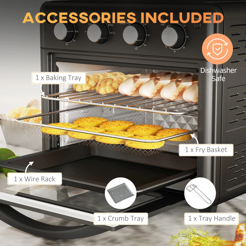 HOMCOM Mini Piekarnik z termoobiegiem 30 L 1600W 90-230℃ z timerem 60 min, wewnętrznym oświetleniem, tacką na okruchy, blachą do pieczenia, rusztem grillowym, koszem do smażenia, piekarnik do pizzy, czarny