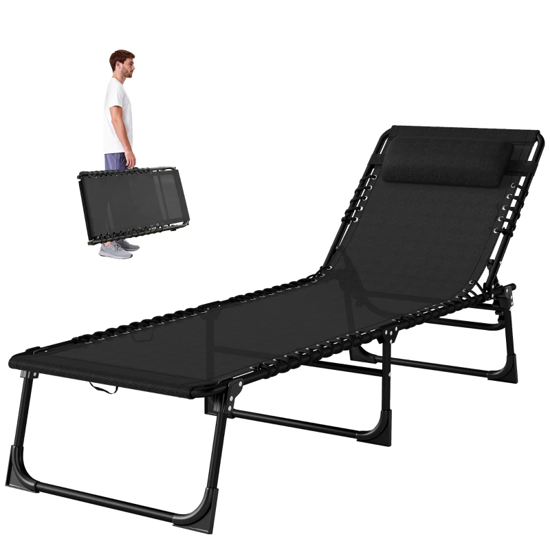 Outsunny Foldable Sun Lounger, Outdoor 4 Level Adjustable Backrest Reclining Chaise Chair, Steel Frame Recliner Chair for Camping, Hiking, Black