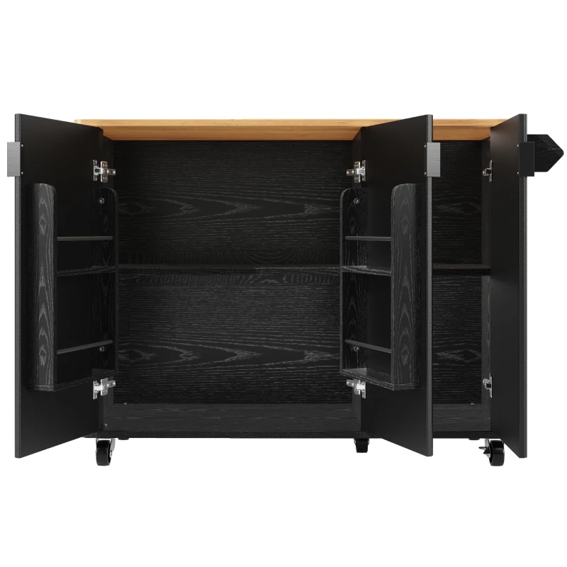 Îlot de cuisine mobile avec plan de travail rabattable, 3 portes, porte-serviettes et étagère à épices, 130x45/75x92 cm, Noir