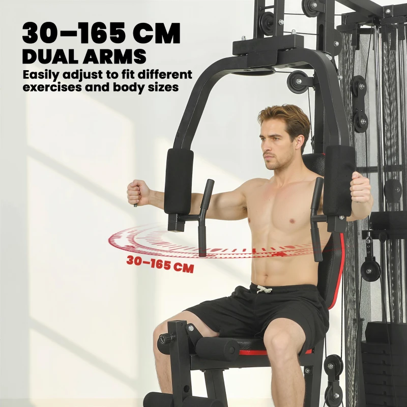 SPORTNOW Estación de fuerza Fitness con 65 kg de pesas, jalón, barra butterfly, banco predicador ajustable, entrenador de piernas