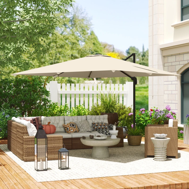 Outsunny Parasol desplazado cuadrado 3 x 3 m, parasol de jardín exterior, rotación 360°, inclinable 5 posiciones, base cruzada, kaki