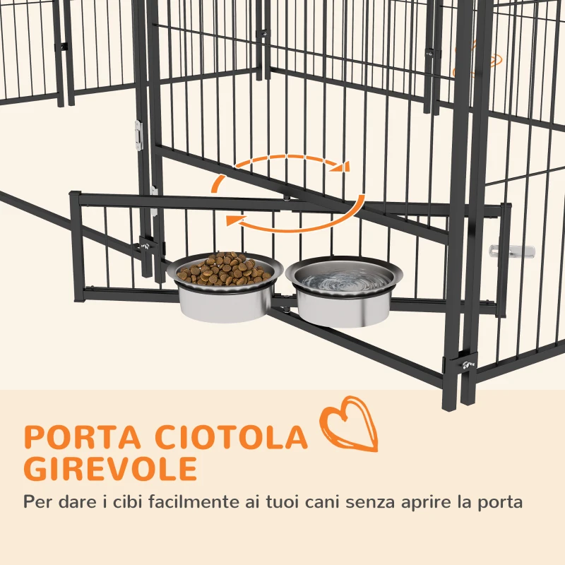 PawHut Recinto per Cani in Metallo e Tessuto Oxford con Porticina per Ciotole, 211x141x151 cm, Nero e Marrone