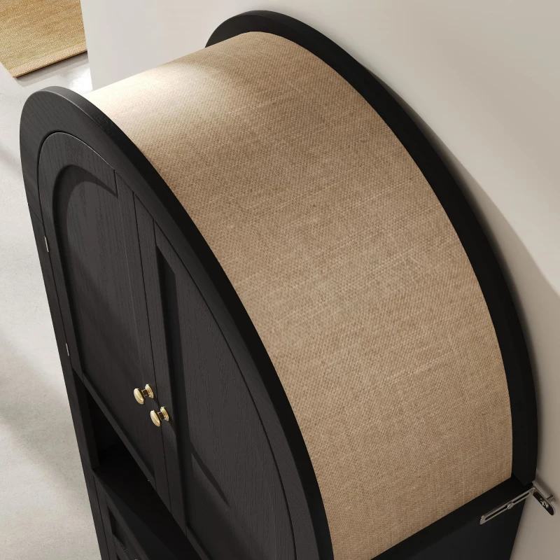 Armario alto con arco de almacenaje con 3 cajones, puertas y estante expositor abierto, para cocina y salón, 70x35x180 cm, Negro