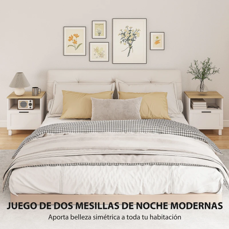 HOMCOM Juego de 2 Mesitas de Noche Mesillas de Noche con Cajón Compartimento Abierto Patas de Madera 45x38x50 cm Blanco