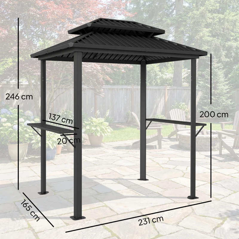 Outsunny Grillüberdachung Außen Gartenpavillon Aluminium mit Doppeldach 2 seitliche Ablagen Haken 231x165x246cm schwarz